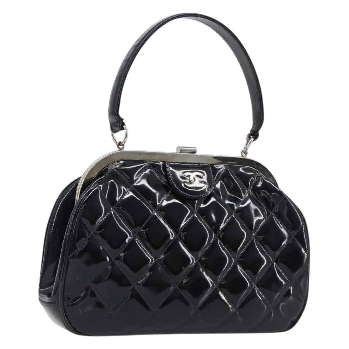 CHANEL Matelasse Hand Bag Patent leather Black Silver CC Auth 201536V