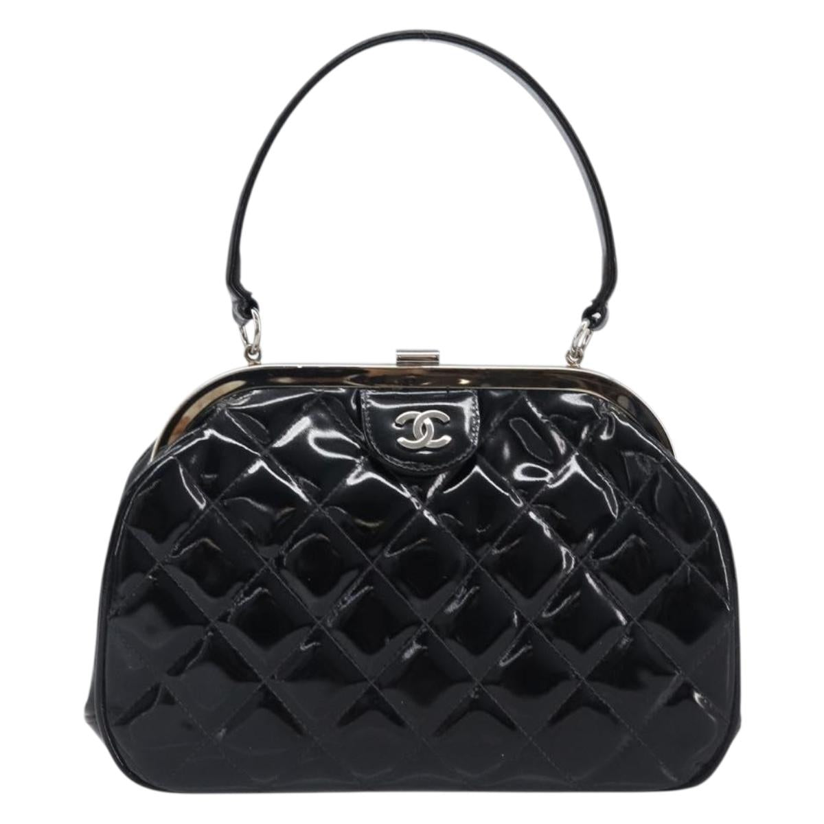 CHANEL Matelasse Hand Bag Patent leather Black Silver CC Auth 201536V