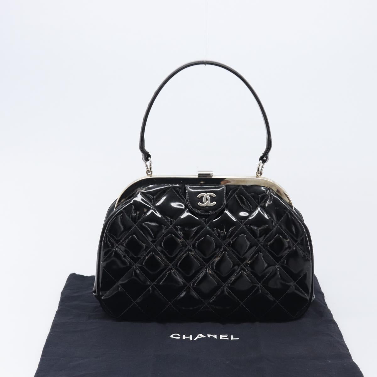 CHANEL Matelasse Hand Bag Patent leather Black Silver CC Auth 201536V