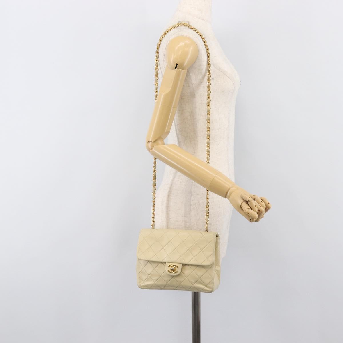 CHANEL Matelasse Chain Shoulder Bag Lamb Skin Beige Gold CC Auth 201539A