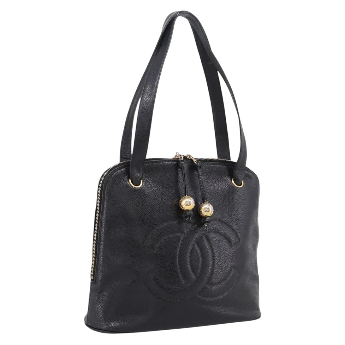 CHANEL COCO Mark Chain Shoulder Bag Caviar Skin Black Gold CC Auth 201540A
