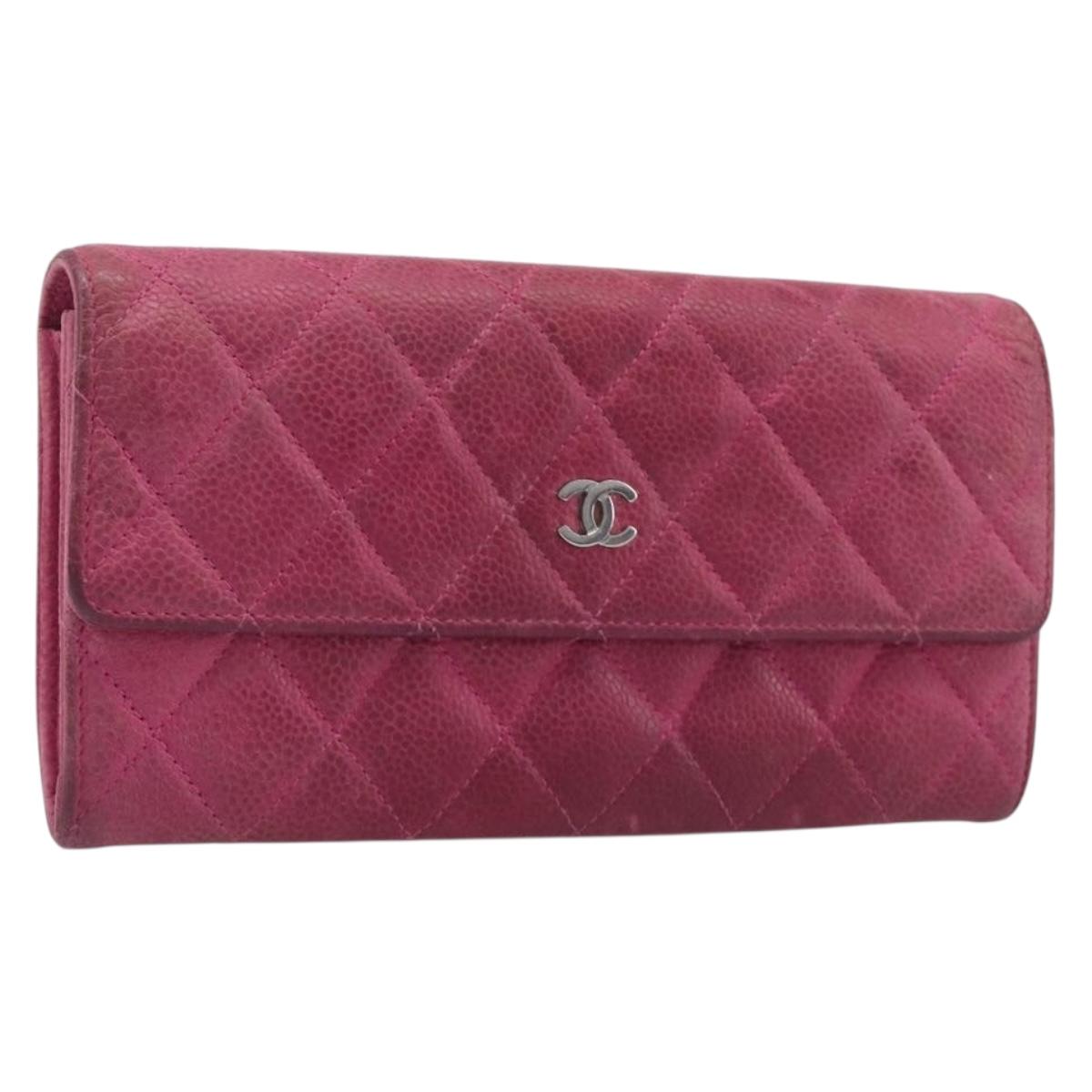 CHANEL Matelasse Long Wallet Caviar Skin Pink Silver CC Auth 201551