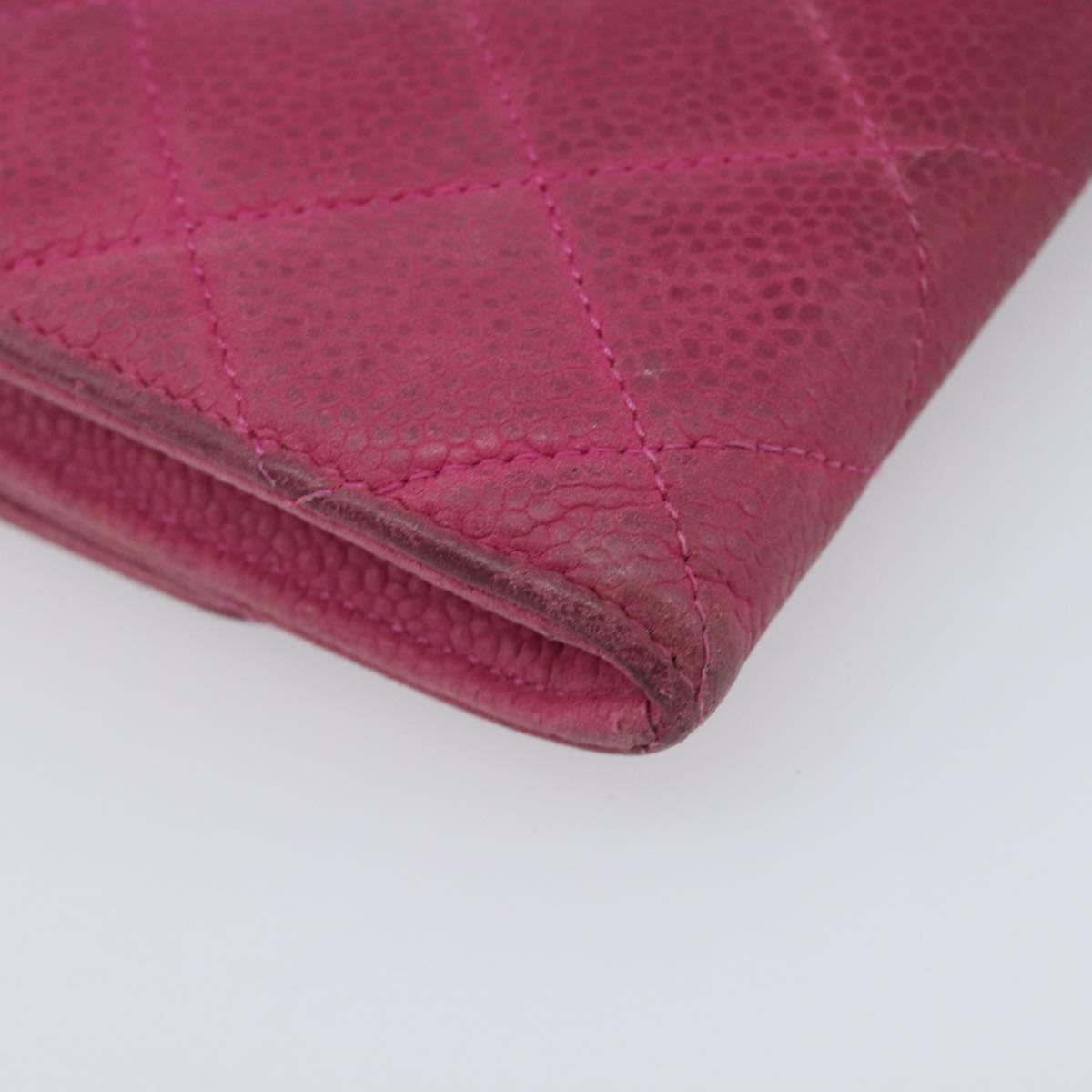 CHANEL Matelasse Long Wallet Caviar Skin Pink Silver CC Auth 201551