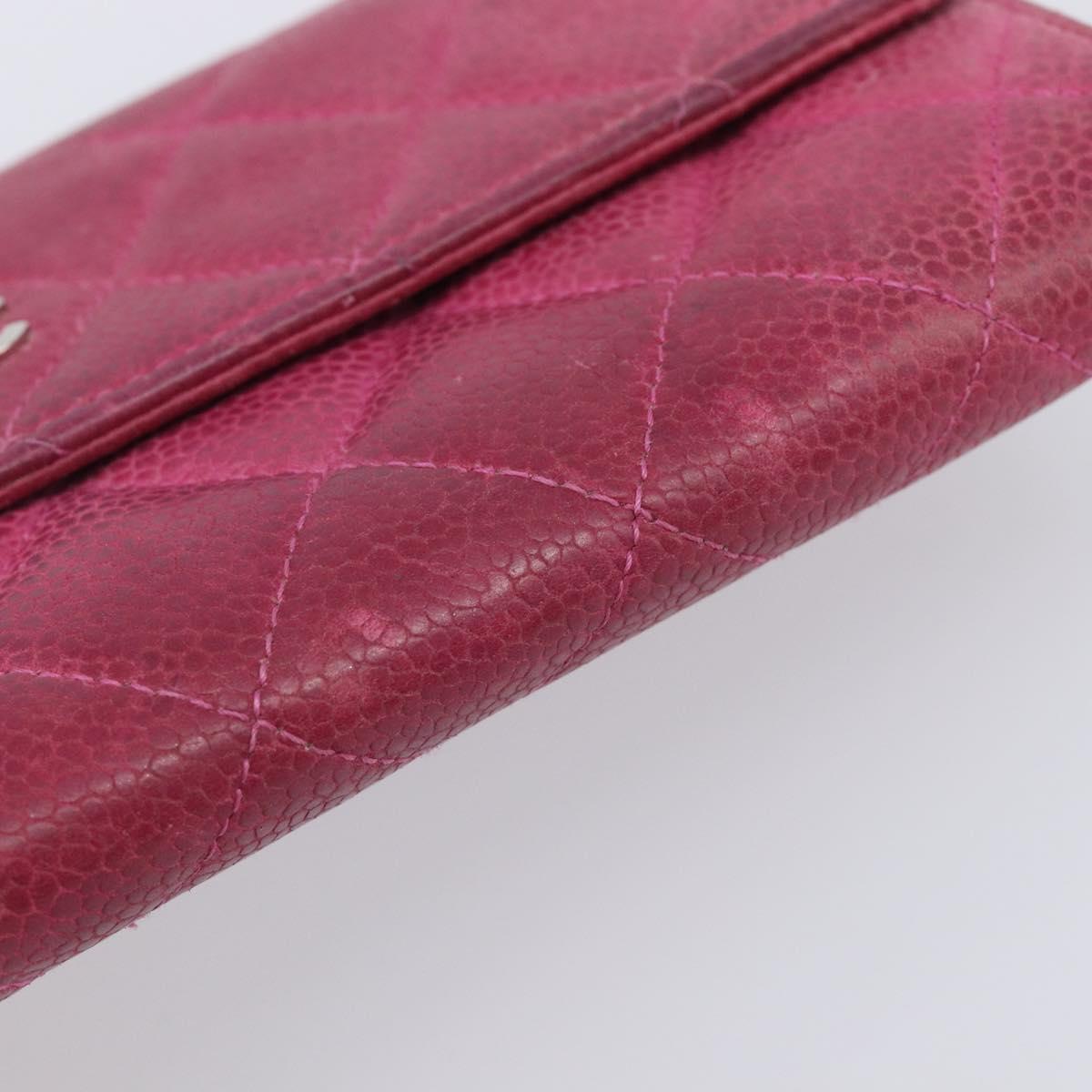 CHANEL Matelasse Long Wallet Caviar Skin Pink Silver CC Auth 201551