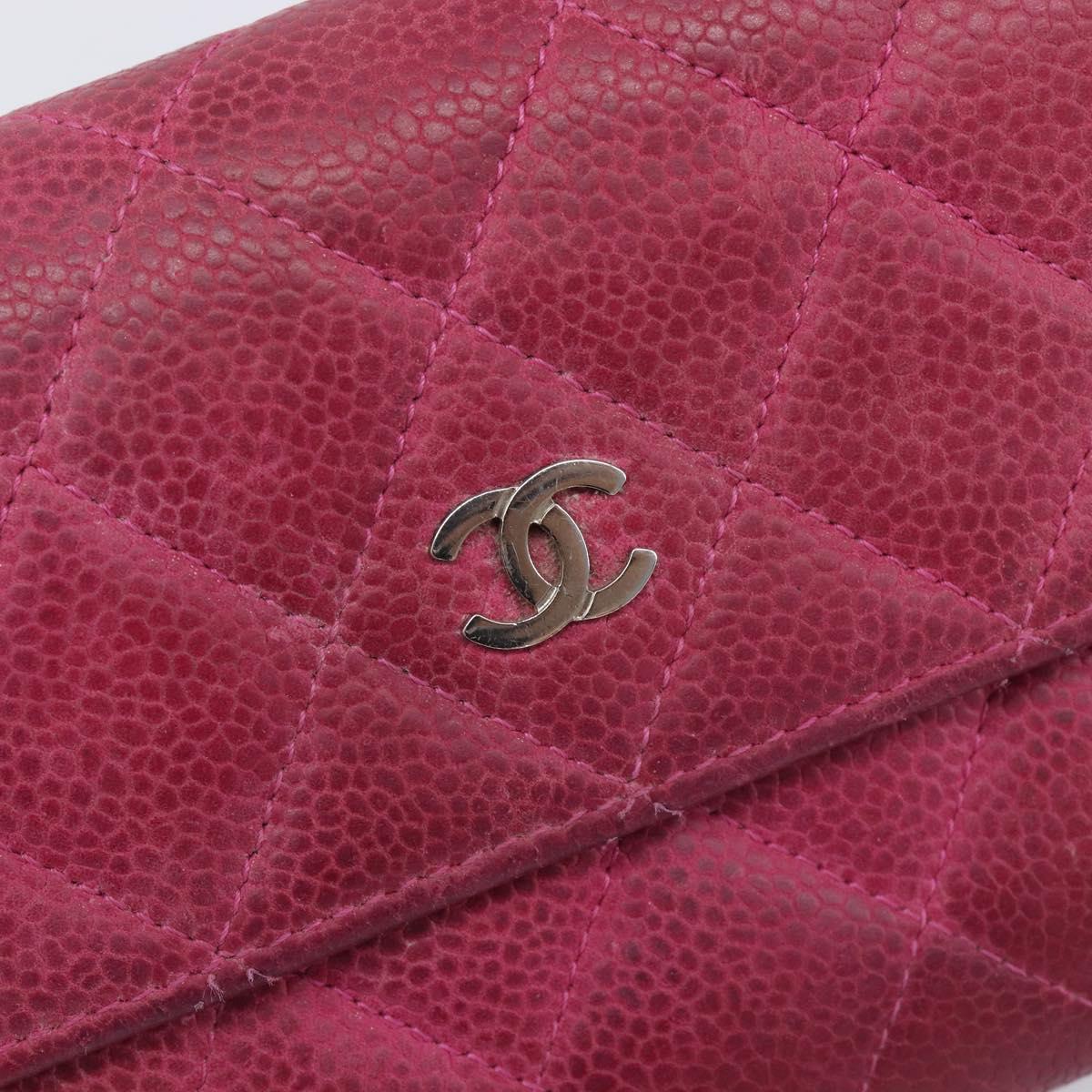 CHANEL Matelasse Long Wallet Caviar Skin Pink Silver CC Auth 201551