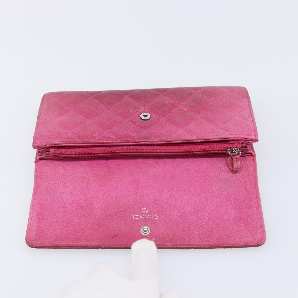 CHANEL Matelasse Long Wallet Caviar Skin Pink Silver CC Auth 201551