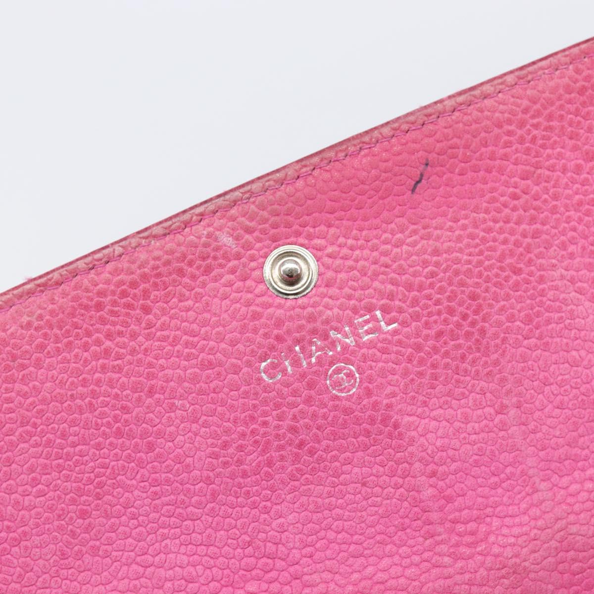 CHANEL Matelasse Long Wallet Caviar Skin Pink Silver CC Auth 201551