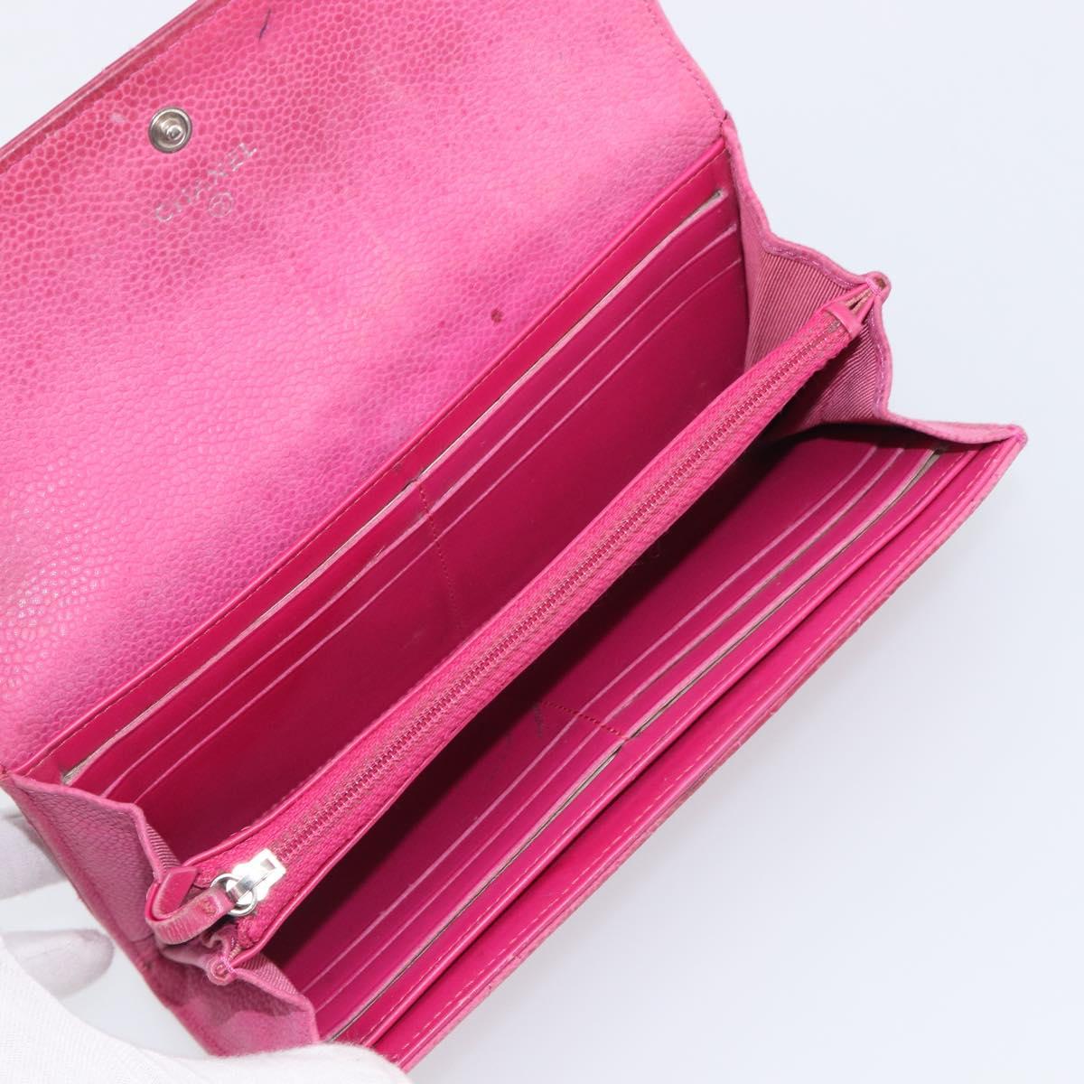 CHANEL Matelasse Long Wallet Caviar Skin Pink Silver CC Auth 201551