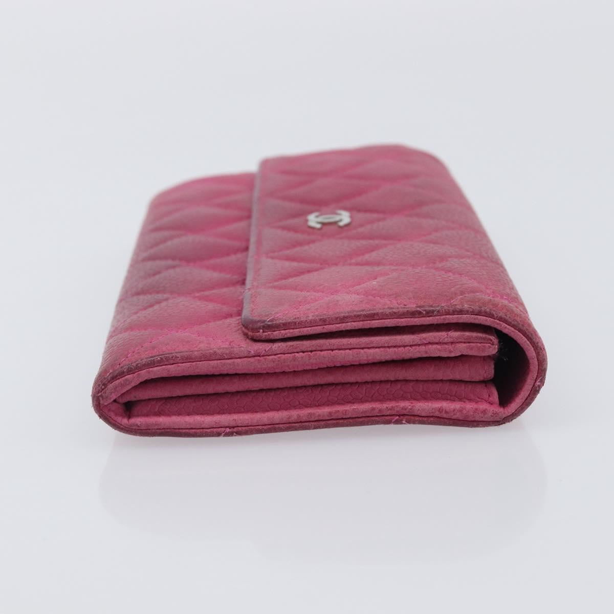 CHANEL Matelasse Long Wallet Caviar Skin Pink Silver CC Auth 201551