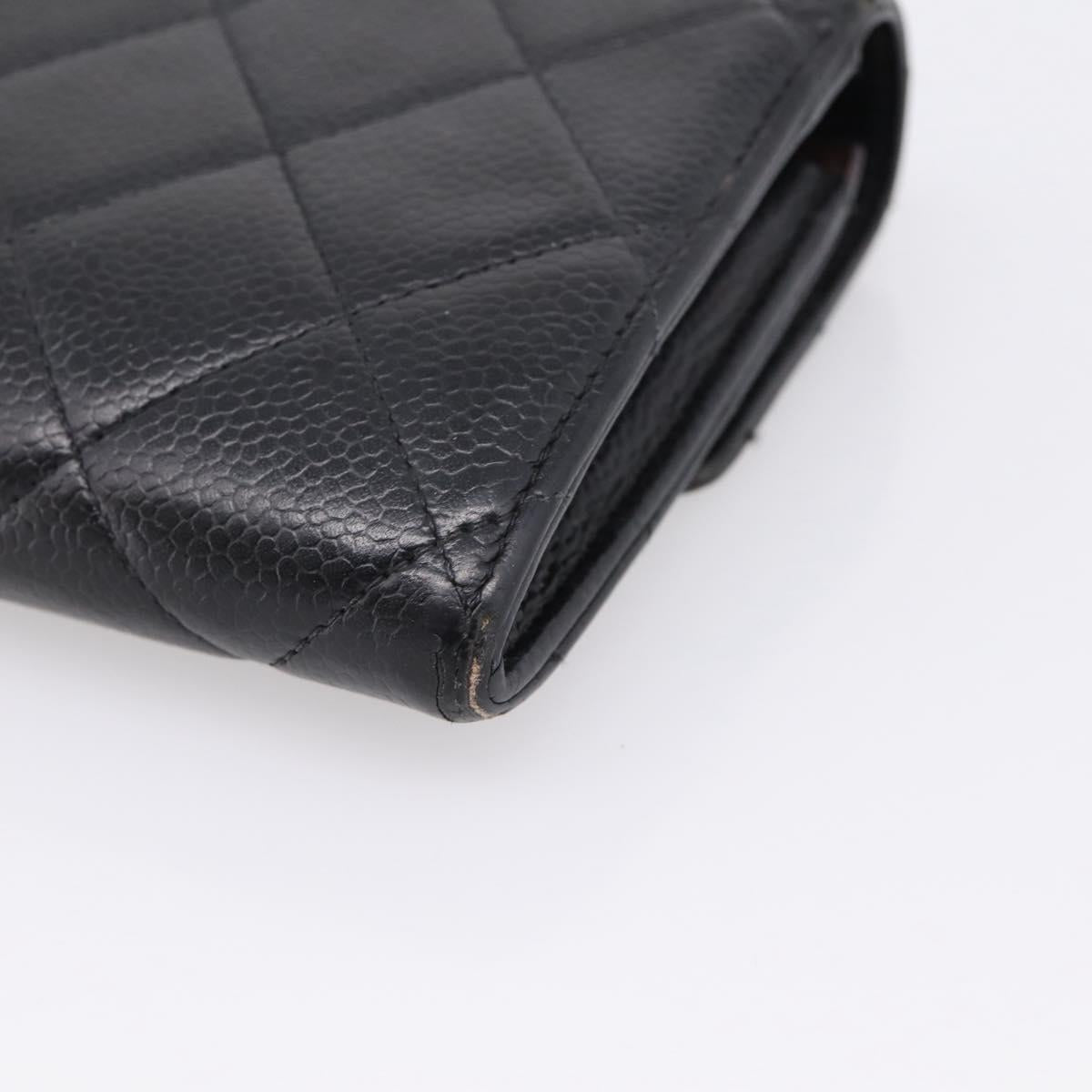 CHANEL Matelasse Long Wallet Caviar Skin Black Silver CC Auth 201552