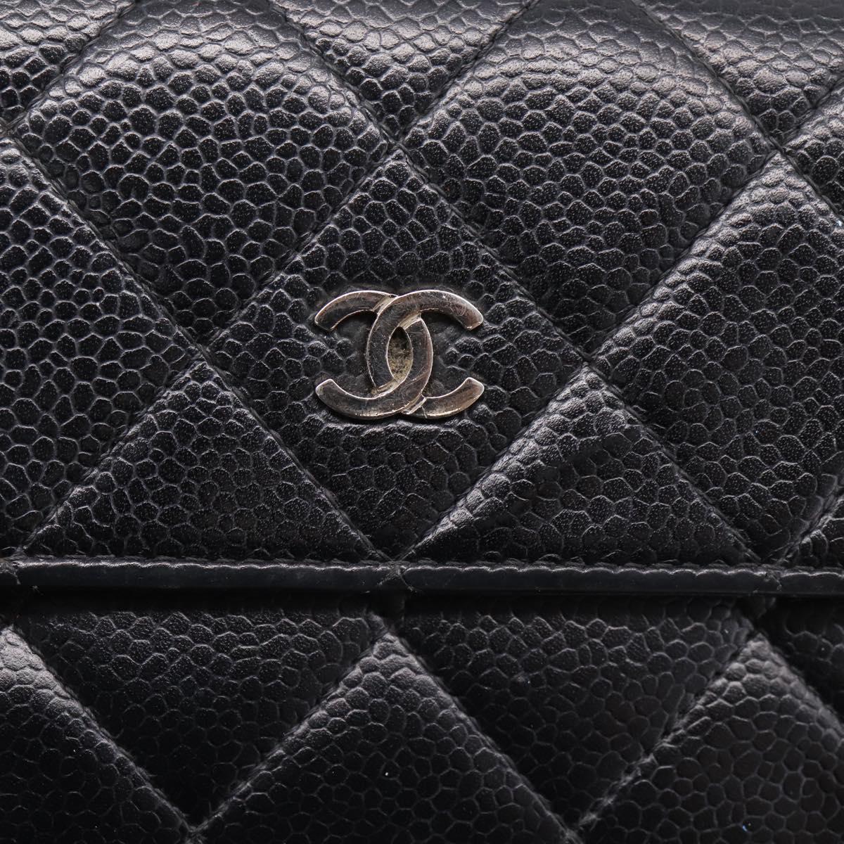 CHANEL Matelasse Long Wallet Caviar Skin Black Silver CC Auth 201552