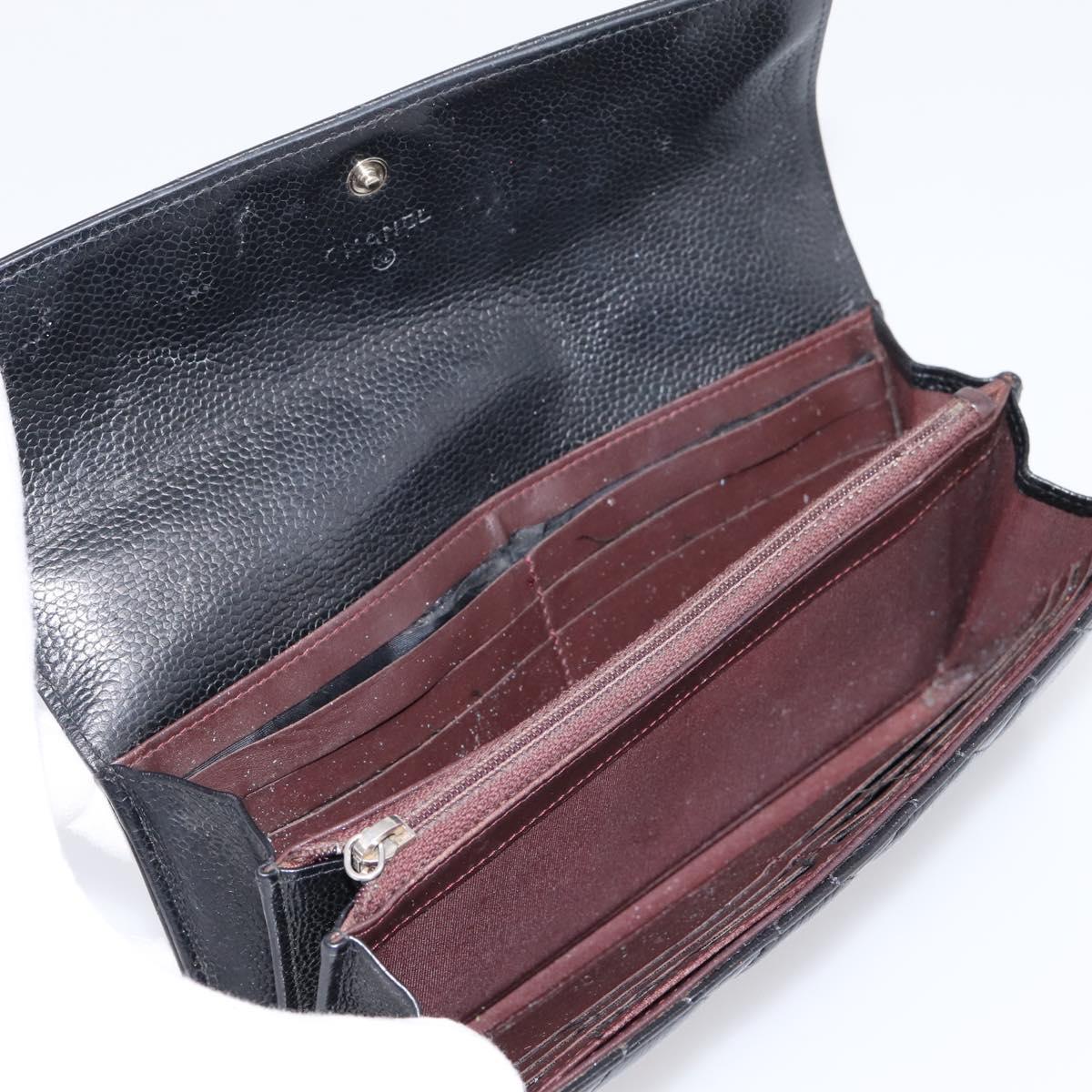 CHANEL Matelasse Long Wallet Caviar Skin Black Silver CC Auth 201552