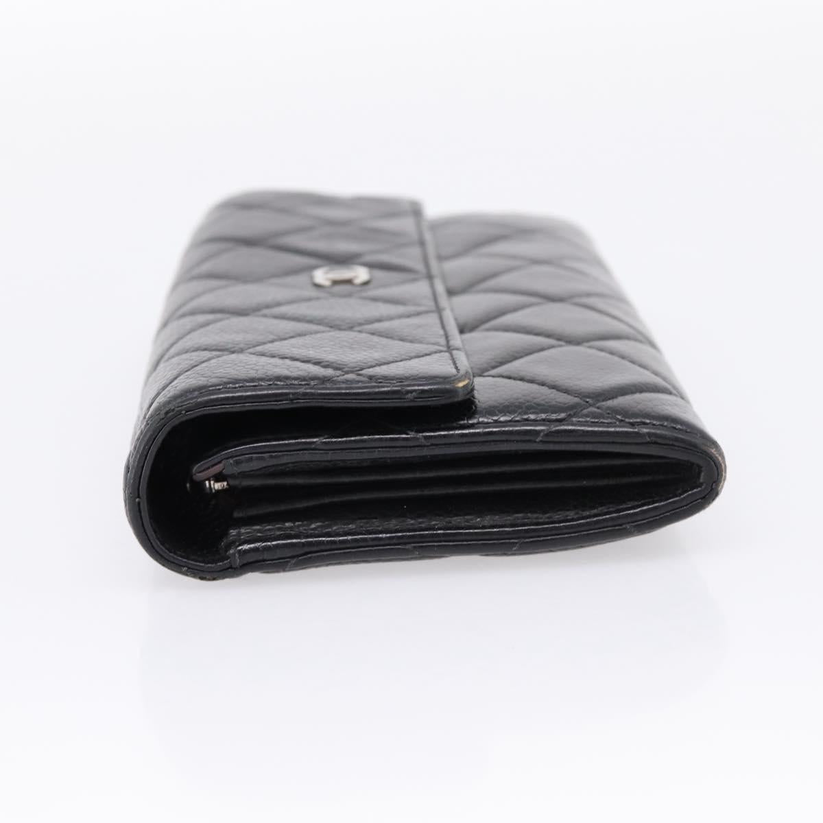 CHANEL Matelasse Long Wallet Caviar Skin Black Silver CC Auth 201552