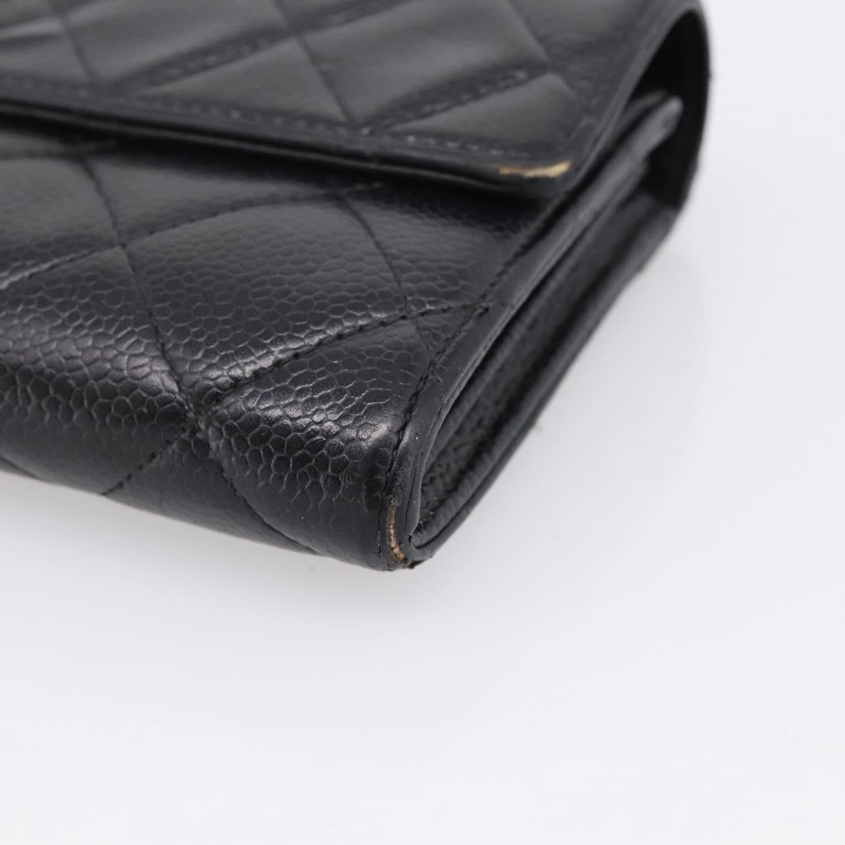 CHANEL Matelasse Long Wallet Caviar Skin Black Silver CC Auth 201552