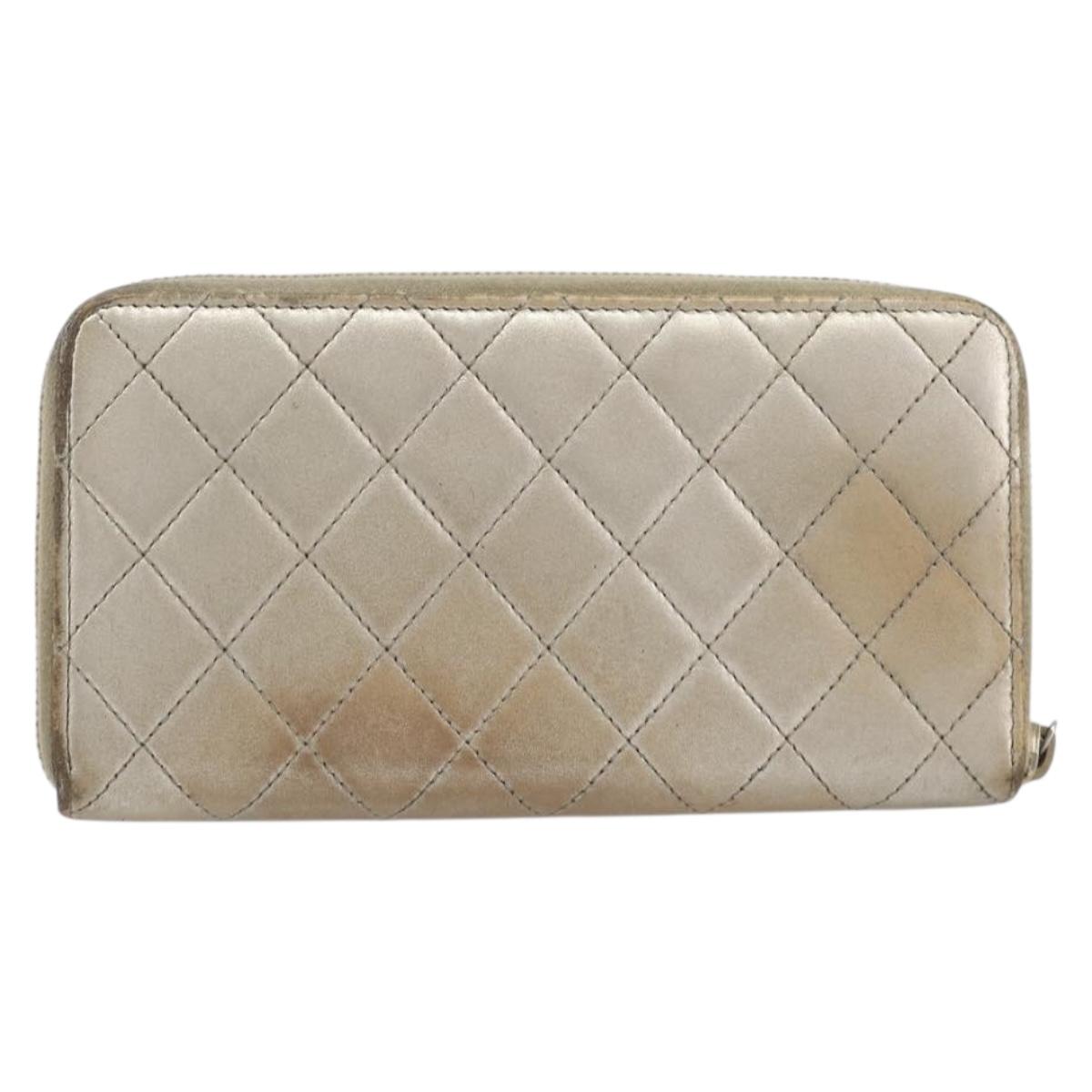 CHANEL Matelasse Long Wallet Lamb Skin Champagne Gold CC Auth 201554
