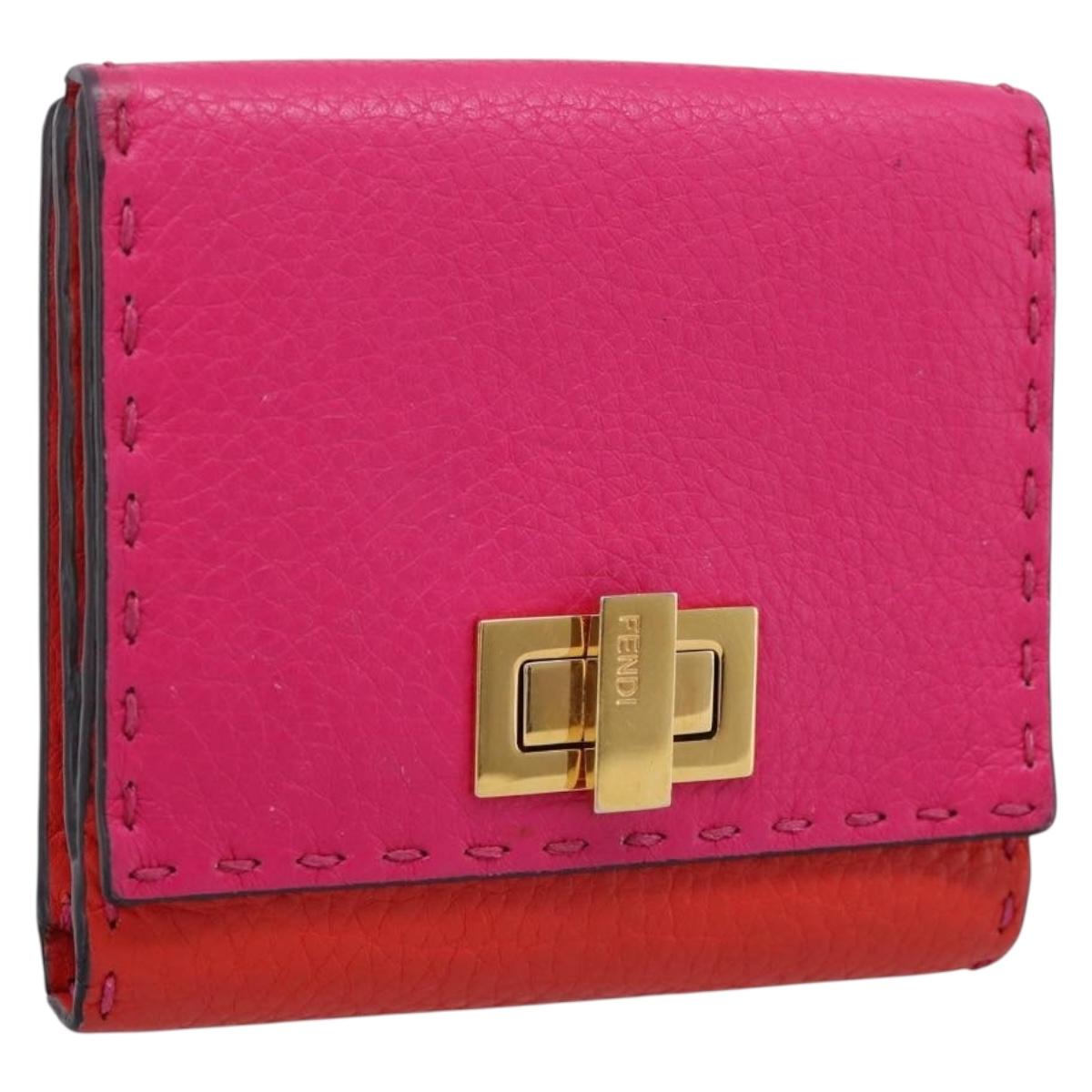 FENDI Selleria Peek A Boo Compact Wallet Leather Pink Gold Auth 201572A