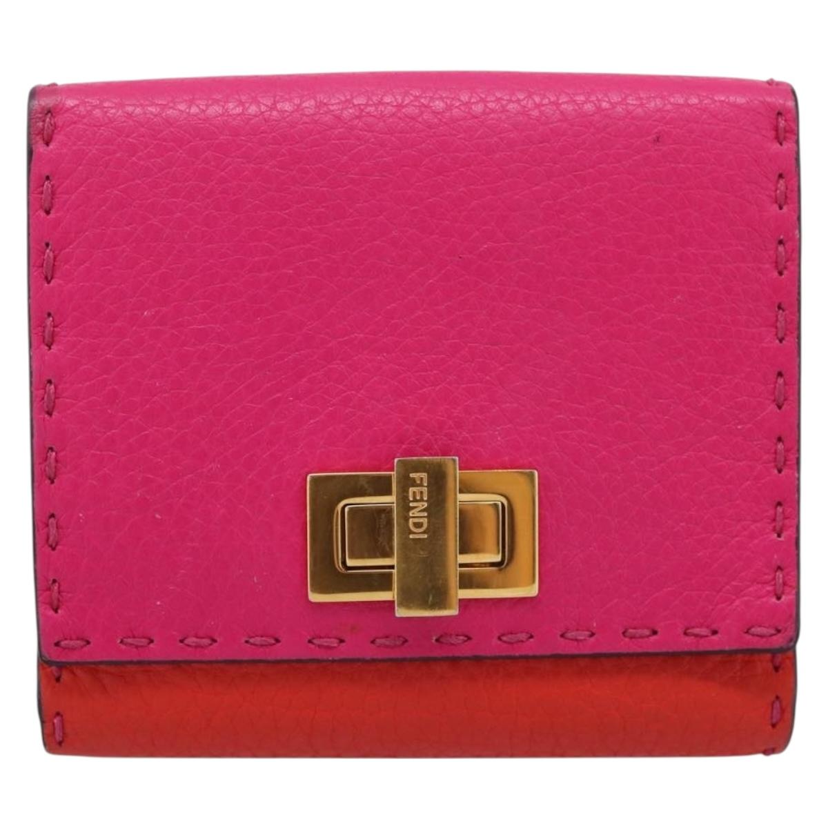 FENDI Selleria Peek A Boo Compact Wallet Leather Pink Gold Auth 201572A