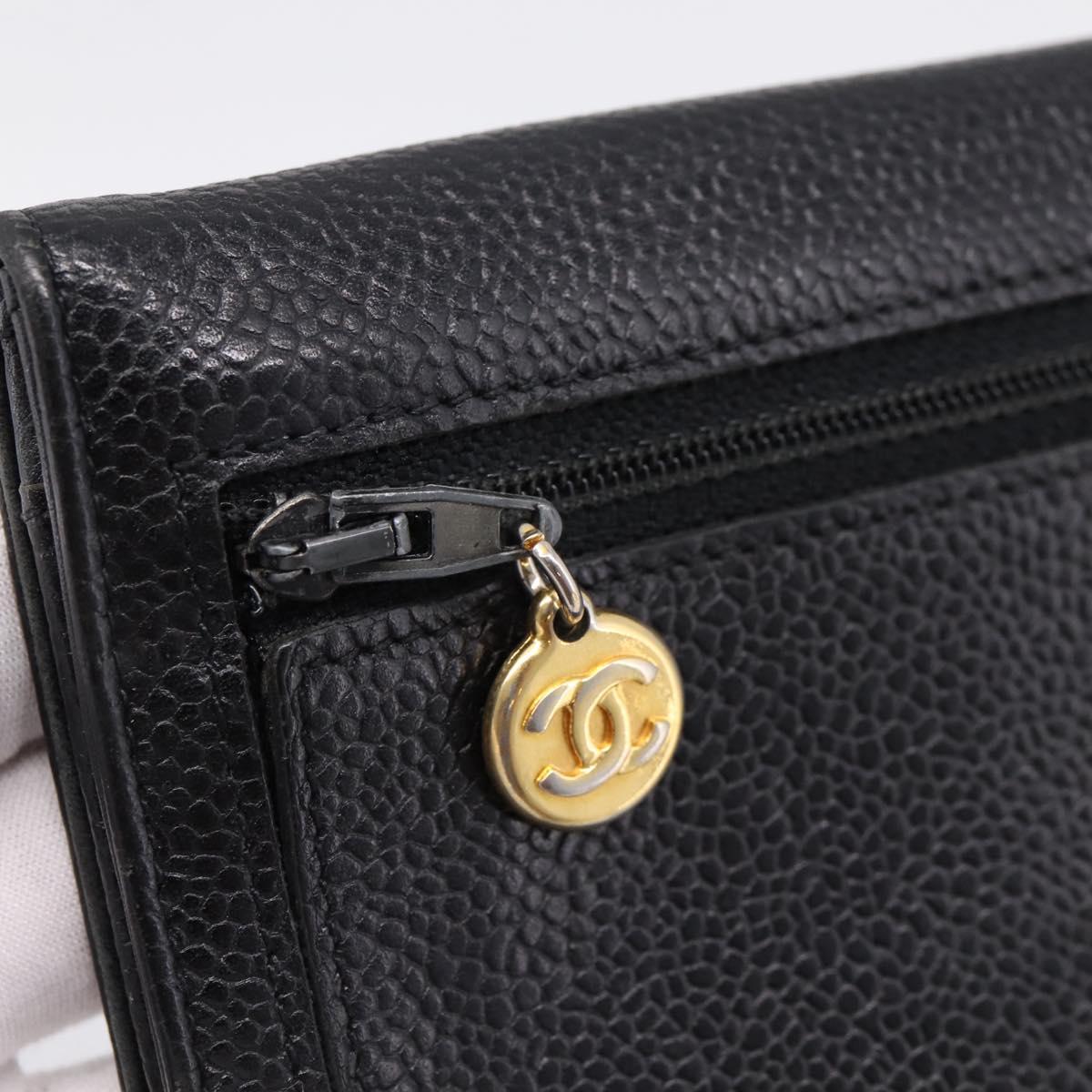CHANEL COCO Mark Wallet Caviar Skin Black Gold CC Auth 201592V