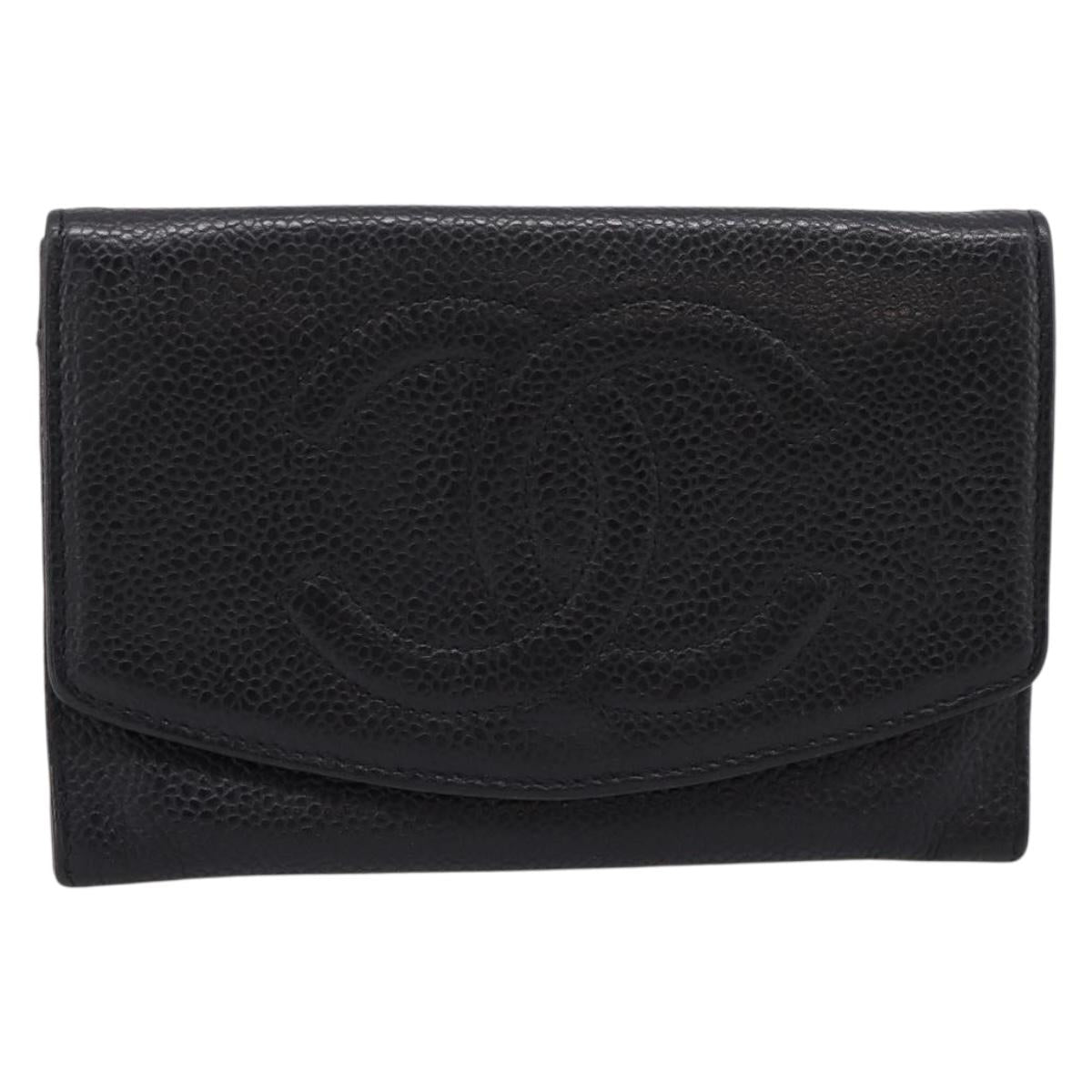 CHANEL COCO Mark Wallet Caviar Skin Black Gold CC Auth 201592V