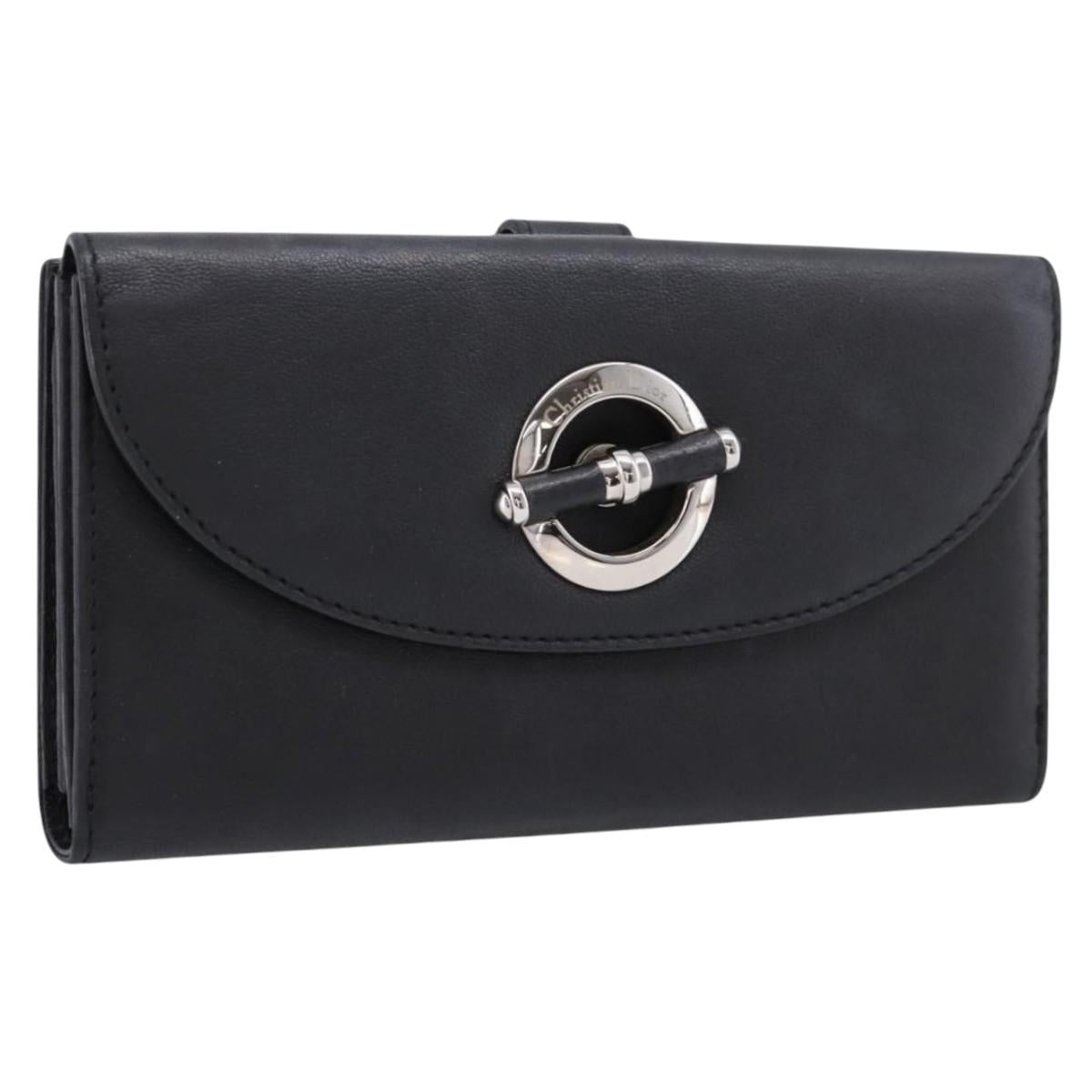 Christian Dior Long Wallet Leather Black Silver Auth 201593