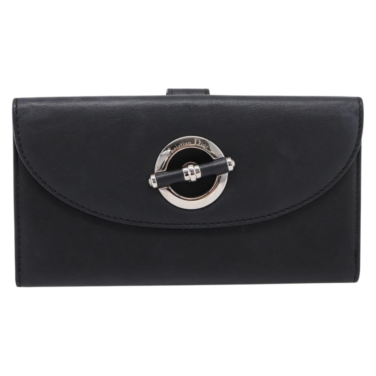 Christian Dior Long Wallet Leather Black Silver Auth 201593