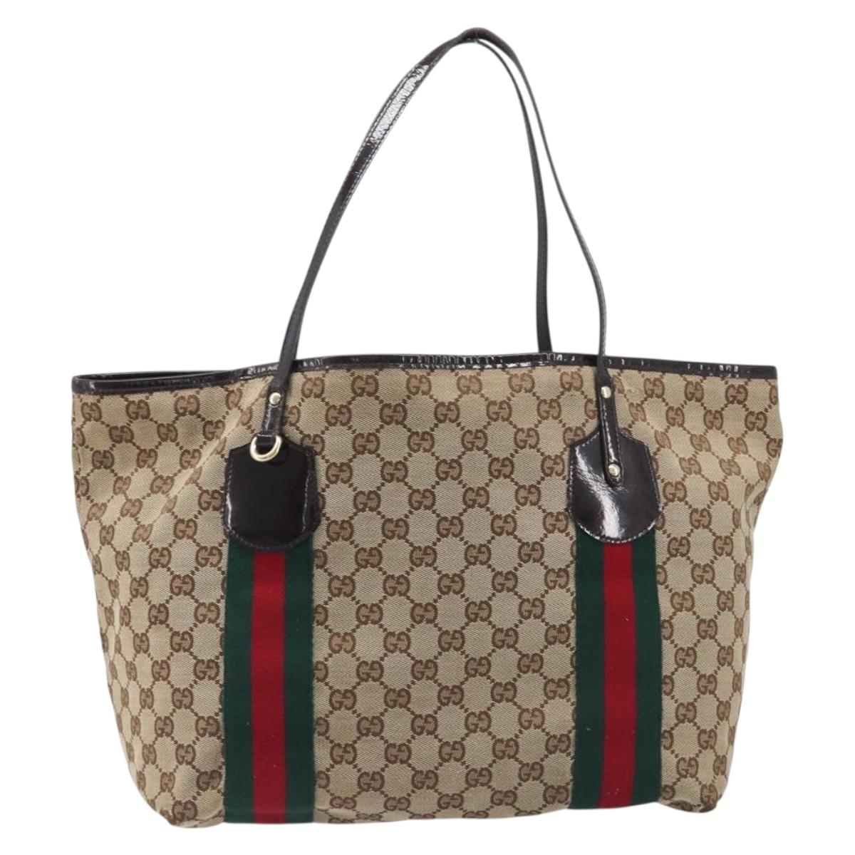 GUCCI GG Canvas Web Sherry Line Tote Bag Beige Gold 211970 Auth 201714