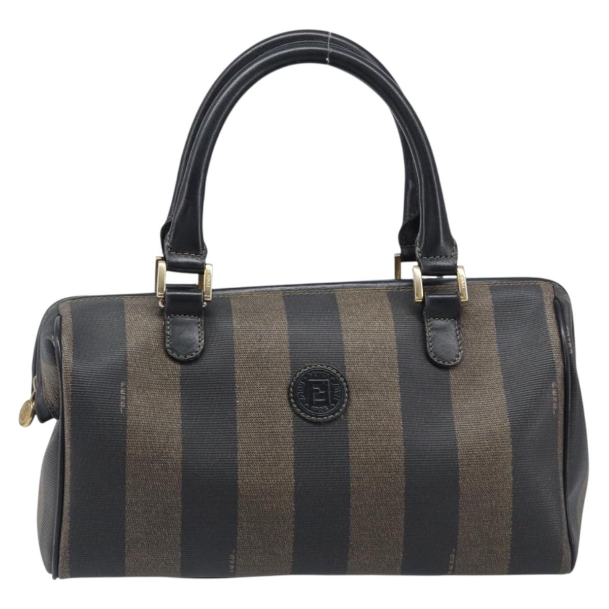 FENDI Pecan Canvas Boston Bag PVC Black Brown gold Auth 201881A
