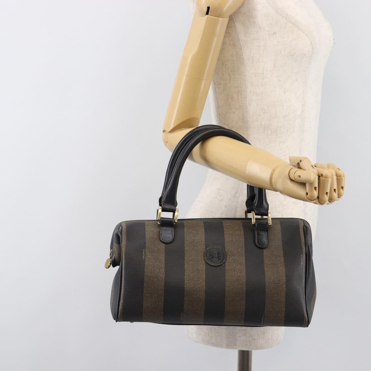 FENDI Pecan Canvas Boston Bag PVC Black Brown gold Auth 201881A