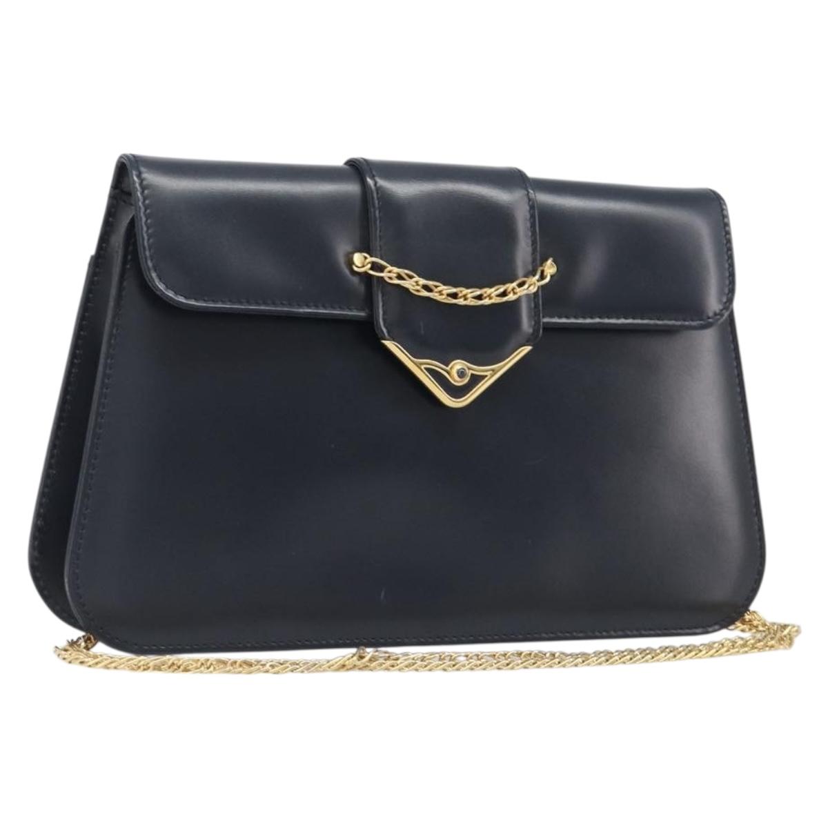 CARTIER Sapphire Line Chain Shoulder Bag Leather Navy Gold Auth 201887A