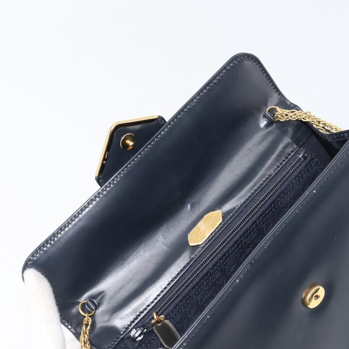 CARTIER Sapphire Line Chain Shoulder Bag Leather Navy Gold Auth 201887A