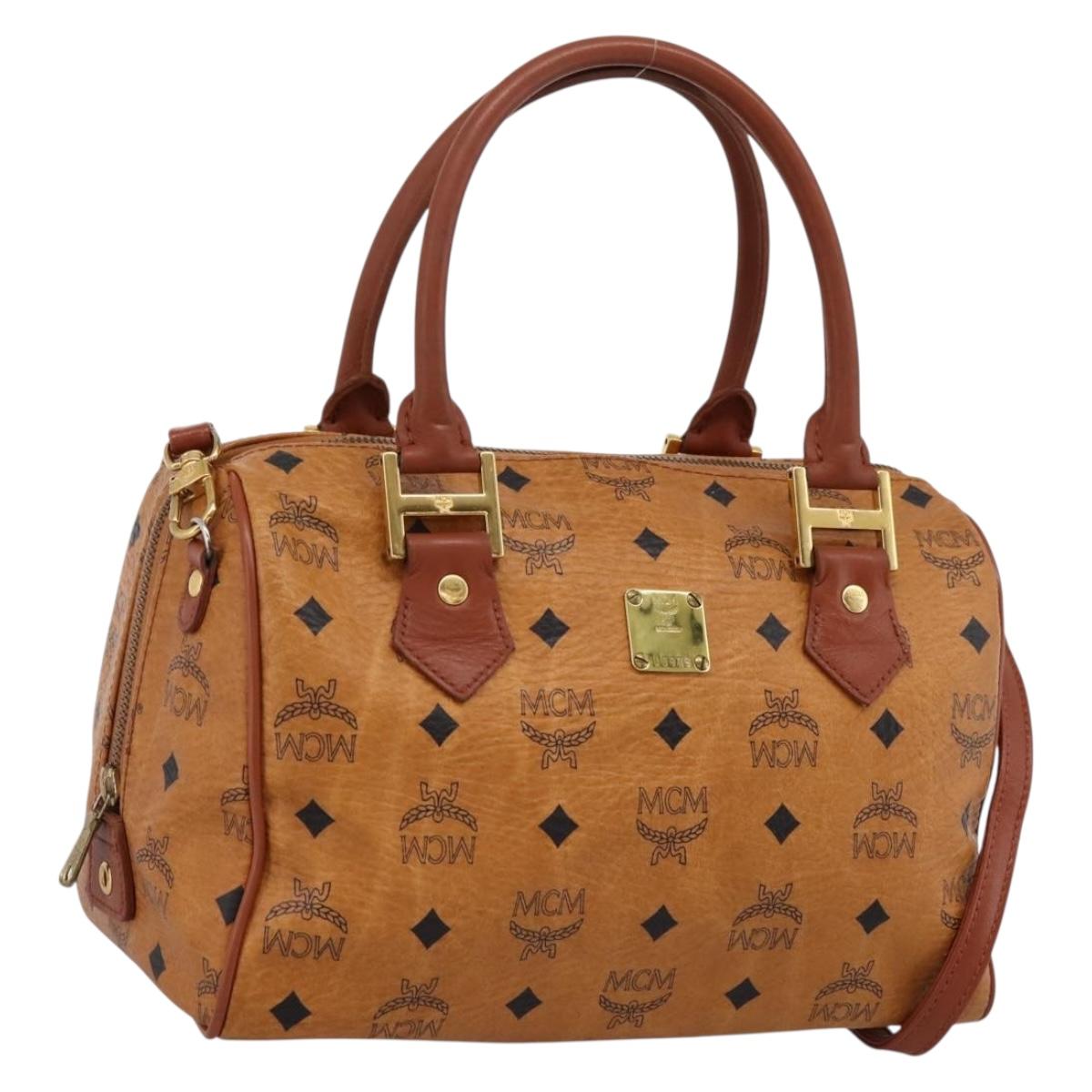 MCM Logogram Vicetos Boston Bag PVC Leather 2way Brown Gold Auth 201891A