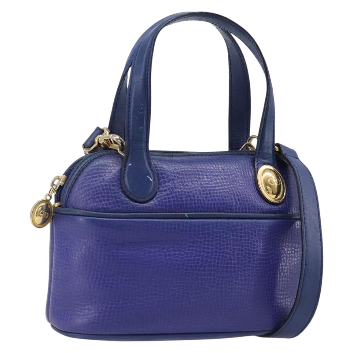Christian Dior Hand Bag Leather 2way Blue Gold Auth 201892