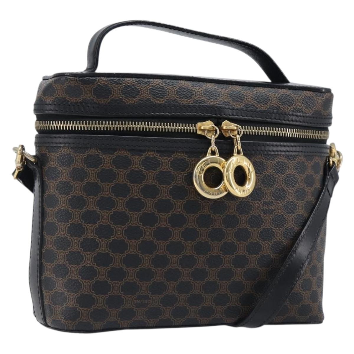 CELINE Circle Macadam Canvas Hand Bag PVC 2way Black Gold Auth 201894