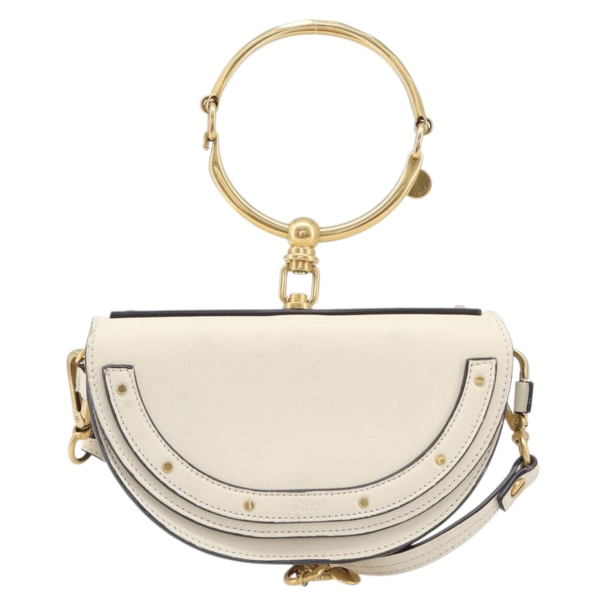 Chloe Nile Minaudière Hand Bag Leather 2way White Gold Auth 201900A