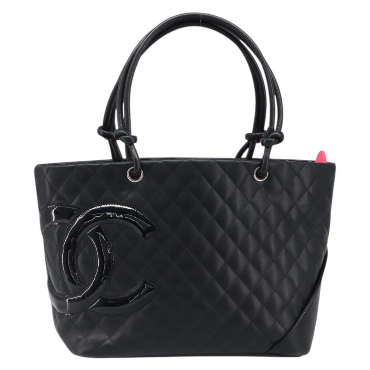CHANEL Cambon Line Matelasse Tote Bag Leather Black Silver CC Auth 201902V