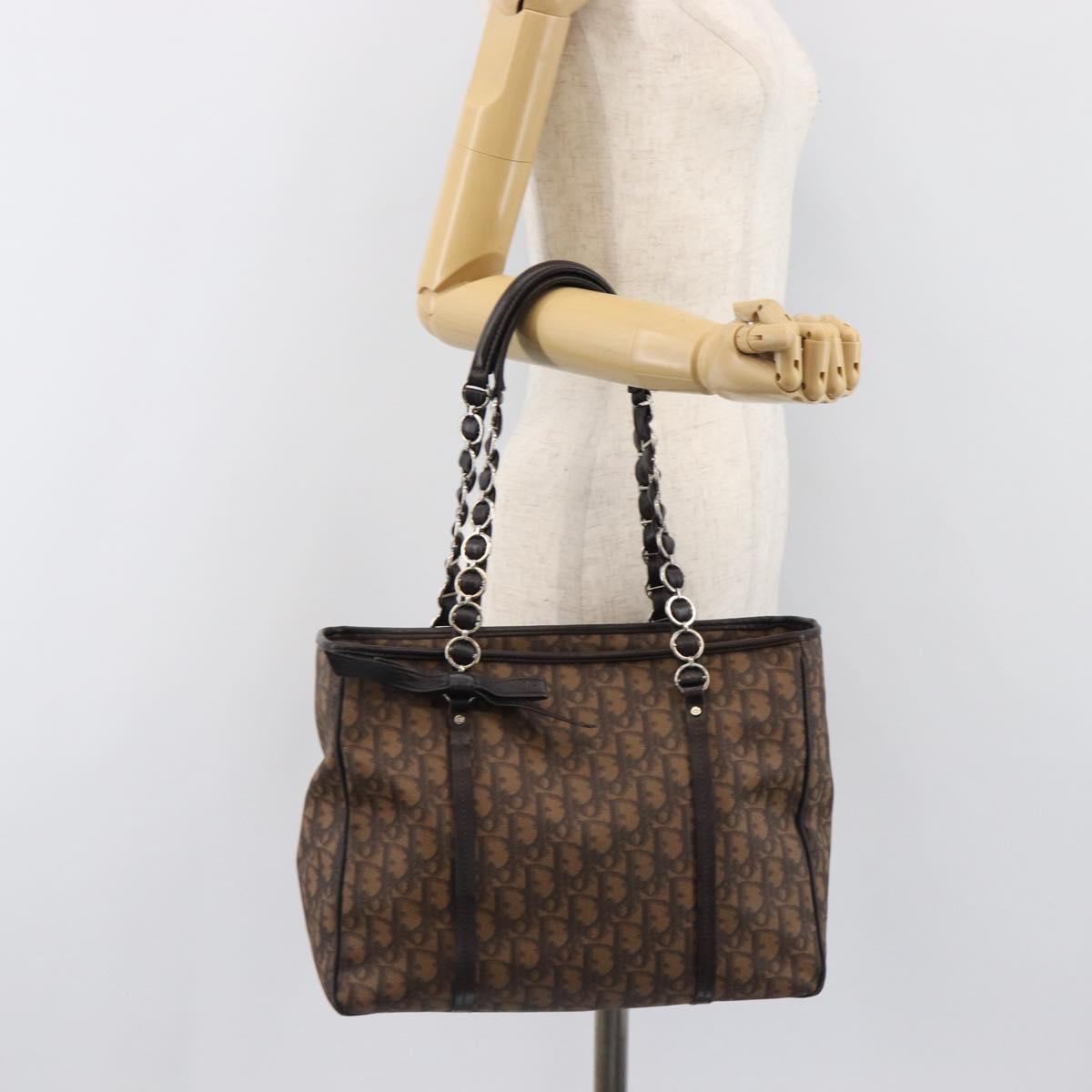 Christian Dior Trotter Canvas Chain Bag PVC Romantic Brown Silver Auth 201909V