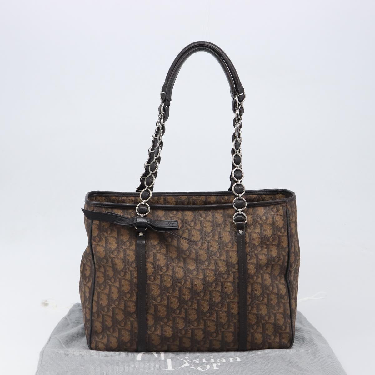 Christian Dior Trotter Canvas Chain Bag PVC Romantic Brown Silver Auth 201909V