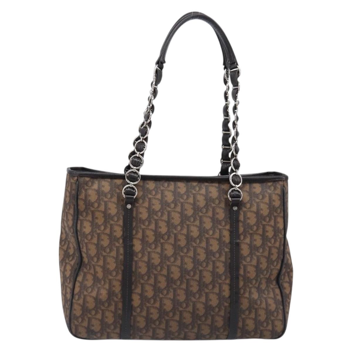 Christian Dior Trotter Canvas Chain Bag PVC Romantic Brown Silver Auth 201909V