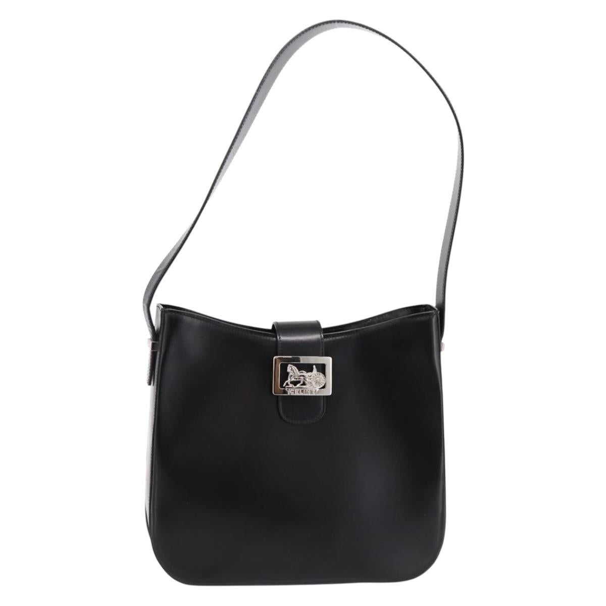 CELINE Horse Carriage Shoulder Bag Leather Black Silver Auth 201919A