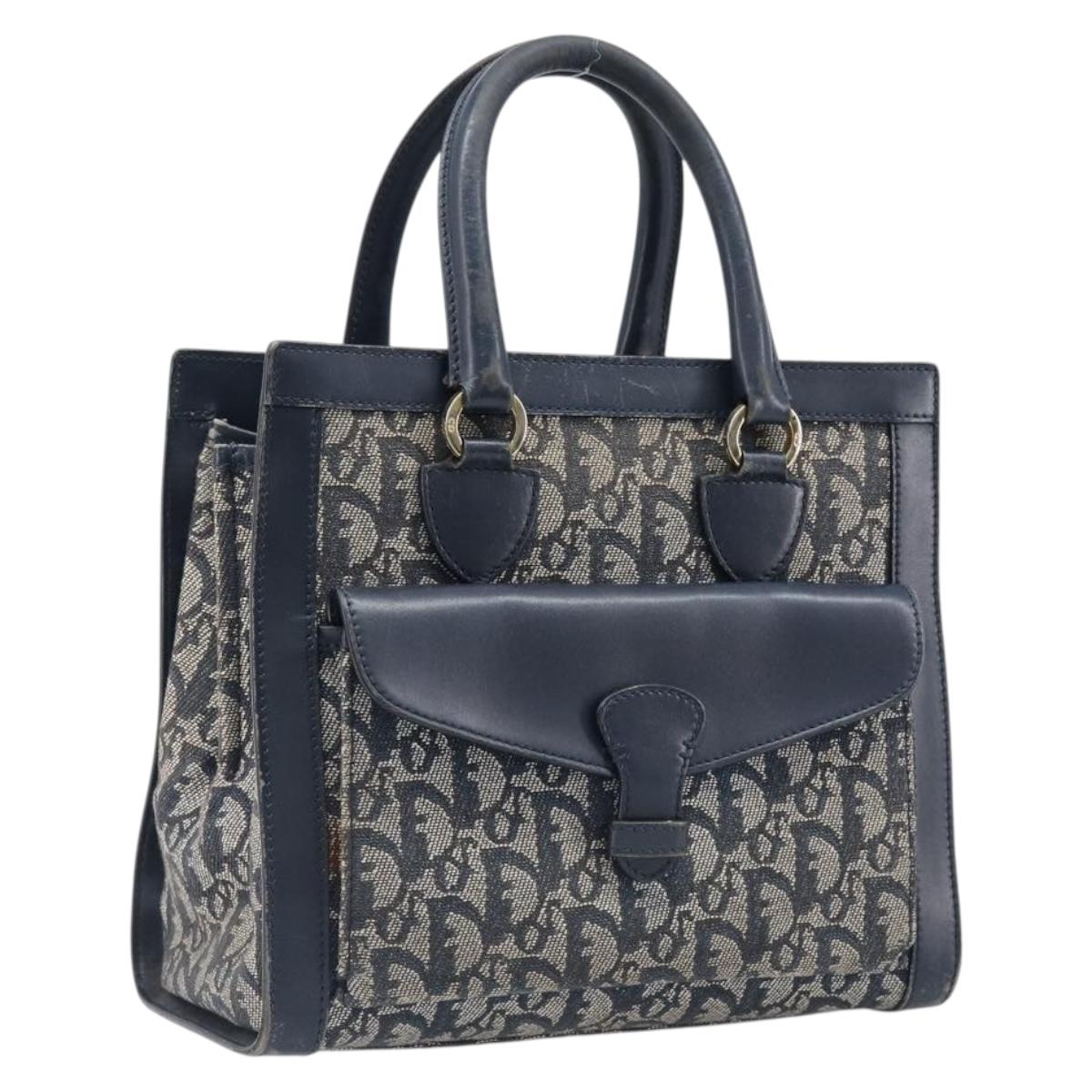 Christian Dior Trotter Canvas Hand Bag Navy Gold Auth 201927