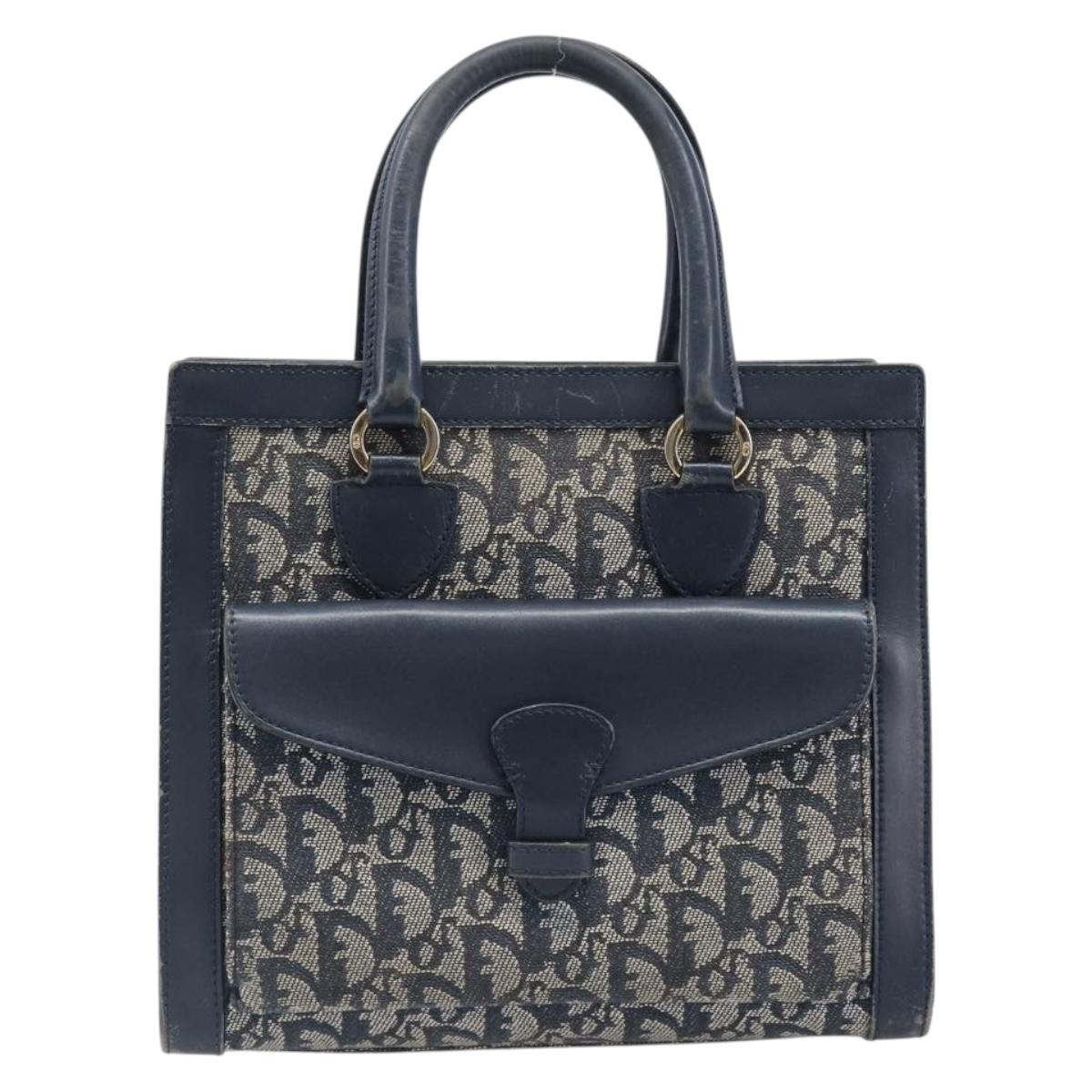 Christian Dior Trotter Canvas Hand Bag Navy Gold Auth 201927