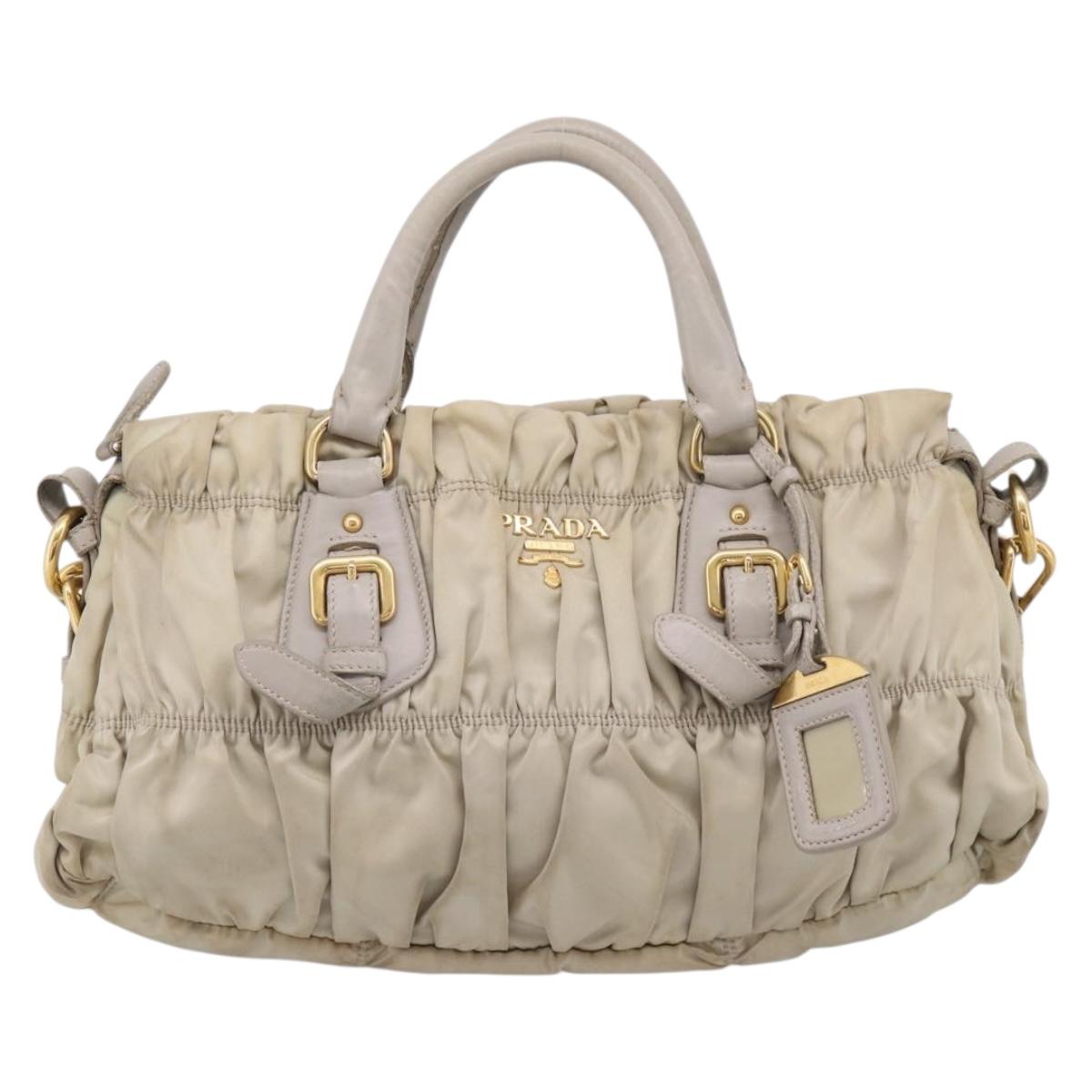 PRADA Gathered Hand Bag Nylon 2way Beige Gold Auth 201930