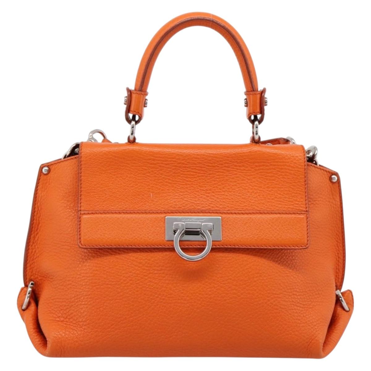 Salvatore Ferragamo Sofia Gancini Bag Leather 2way Orange Silver Auth 201941A