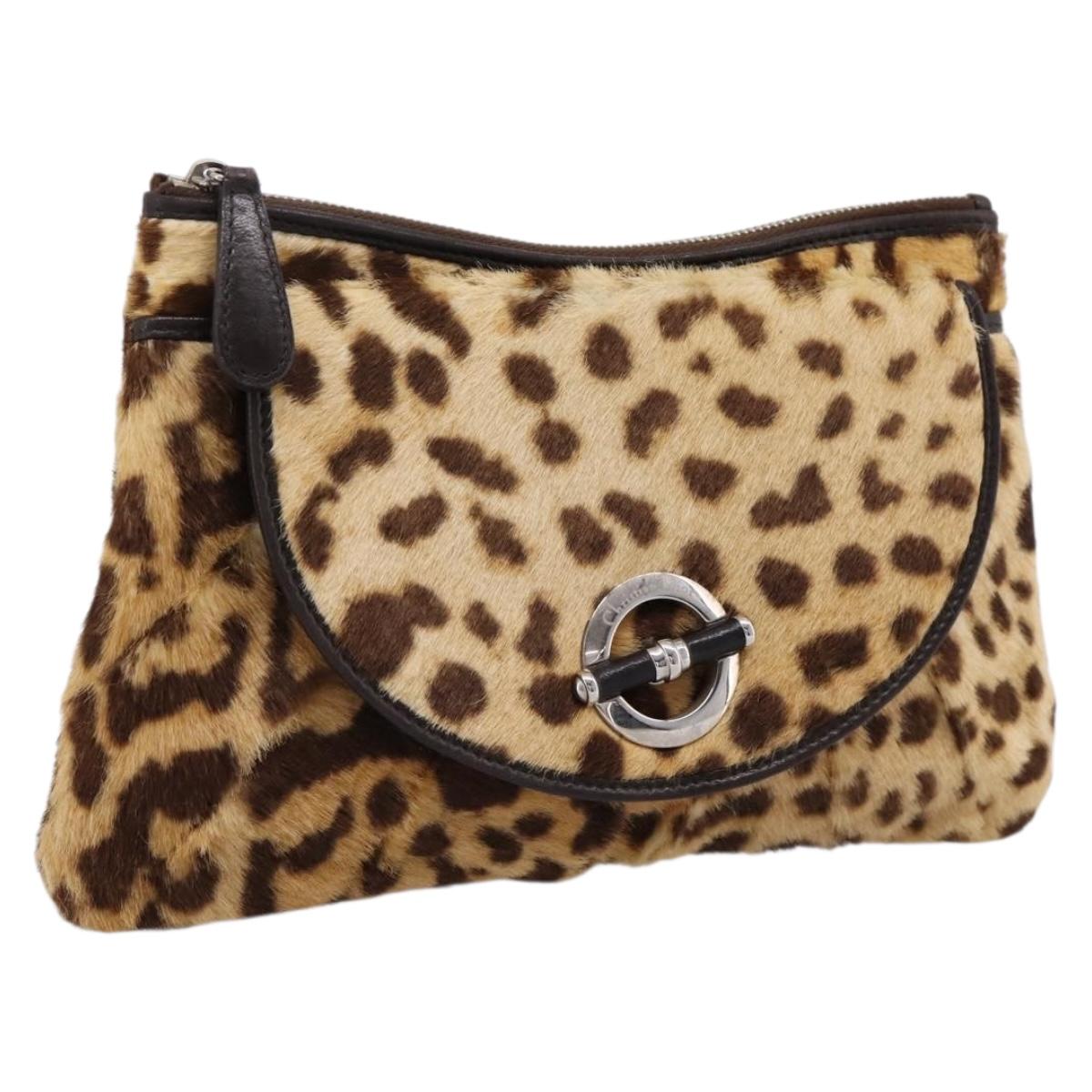 Christian Dior Clutch Bag Harako leather Brown Silver Auth 201942A