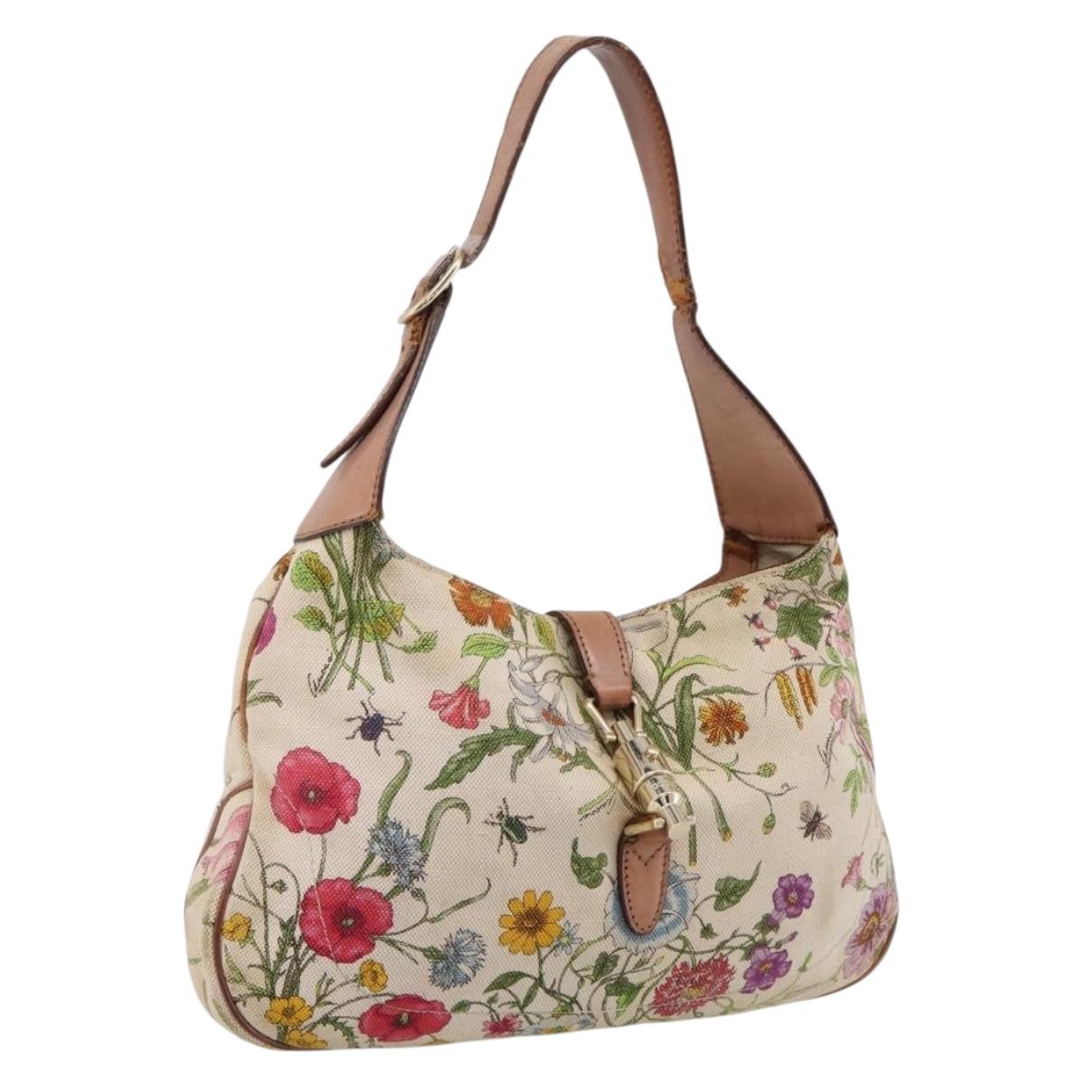 GUCCI Jackie Flora Shoulder Bag Canvas Beige Gold 137335 Auth 201974