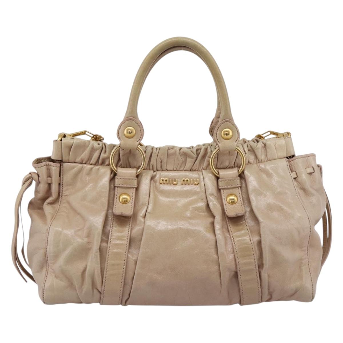 Miu Miu Hand Bag Vitello Lux Leather 2way Beige Gold Auth 201979A