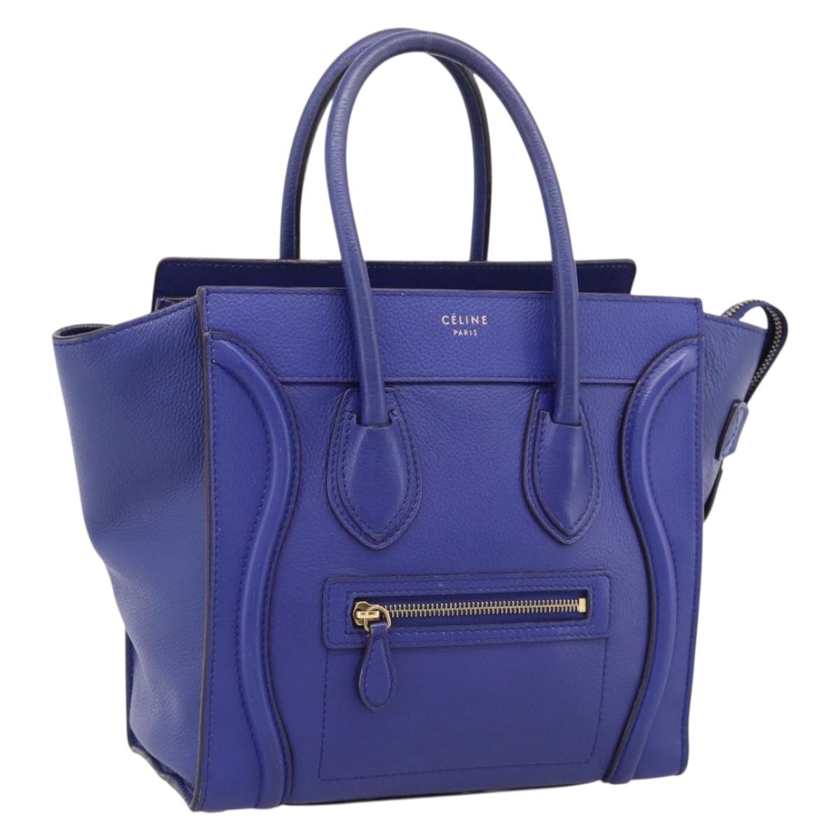 CELINE Luggage Micro Shopper Hand Bag Leather Blue Gold Auth 201981A
