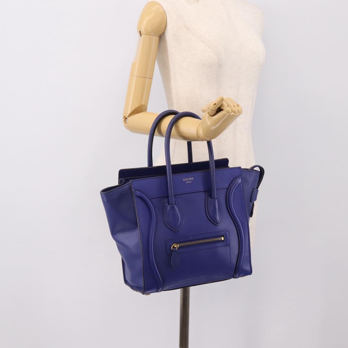CELINE Luggage Micro Shopper Hand Bag Leather Blue Gold Auth 201981A