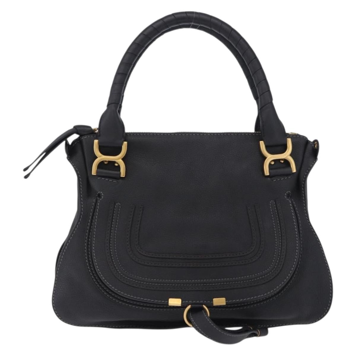 Chloe Mercy Hand Bag Leather Black Gold Auth 201985V