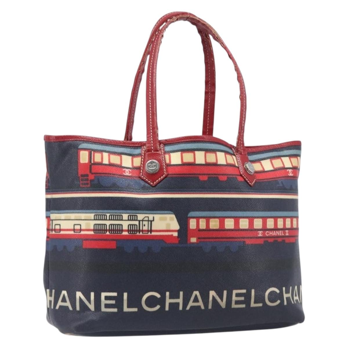CHANEL Central Station Tote Bag PVC Canvas Navy Silver CC Auth 201987